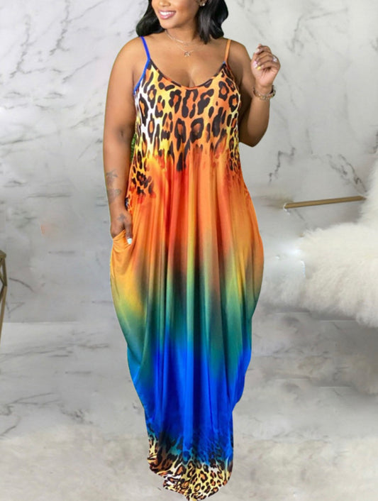 Leopard Print Tie Dye Floor Length Dress